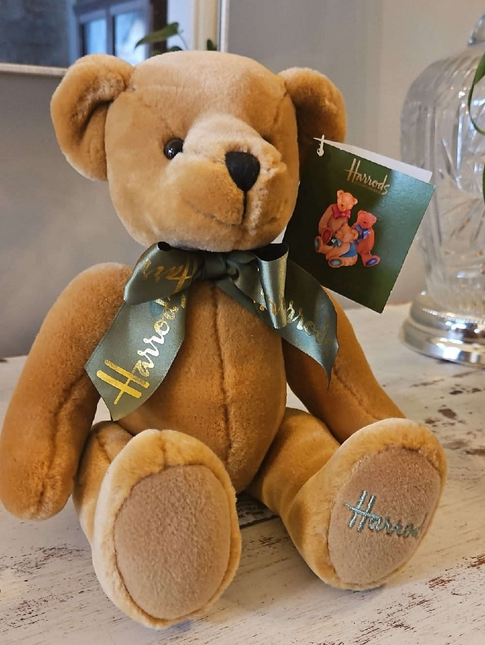 Vintage Harrods Gold Plush Bear with Green Branded Ribbon, 2002